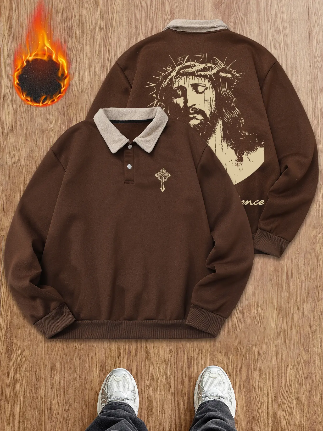 Unisex Jesus Graphic Print Polo Long Sleeve Sweatshirt, Fleece Lined Top with Crown of Thorns and Cross Element, Casual Streetwear for Friend Gatherings, Religious Sweatshirt Gift