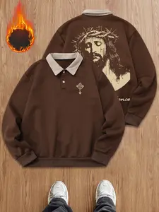 Unisex Jesus Graphic Print Polo Long Sleeve Sweatshirt, Fleece Lined Top with Crown of Thorns and Cross Element, Casual Streetwear for Friend Gatherings
