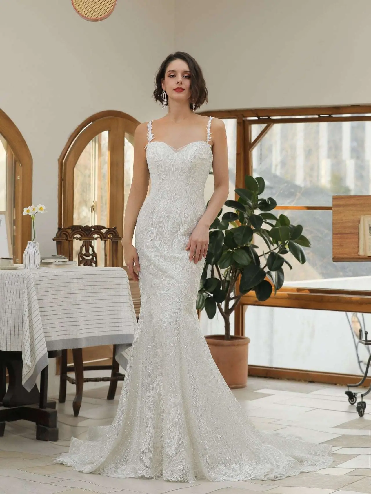 Women's Aria Sleeveless Mermaid Wedding Dress - Strapless Satin Gown with Leaf Lace and Silver Glitter Tulle, Chapel Train, Made to Order, Tulle Overlay Dress, Zip