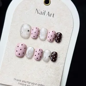 No Cheap Flair! Pink Brown Exquisite Hand-Painted Press On Fake Nails, Reusable, Glow Cream Base & Star Design, Euro-Style Sweet Luxury Nails