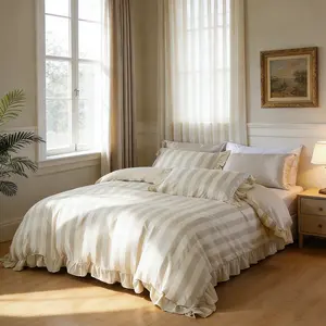 Romantic Elegant Light Striped Ruffled Duvet Cover Set 5 Pieces Without Filling, Includes Satin Pillowcases, Soft Comfortable Bedding for Home Bedroom Decor, Perfect for New Year and Valentine's Day Gifts
