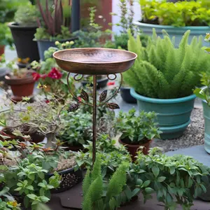 Vintage Copper Color Metal Bird Bath Bowl with Ground Stake, Outdoor Independent Garden Bird Bath with Leaf Decoration, Weather Resistant
