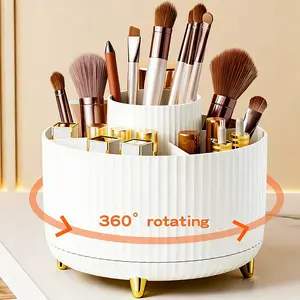 UFORU 360° Rotating Makeup Organizer 5 Compartments Luxury Stripe Cosmetic Brush Holder Multi-functional Desktop Storage Box for Brushes Lipstick Skincare Jewelry Stationery