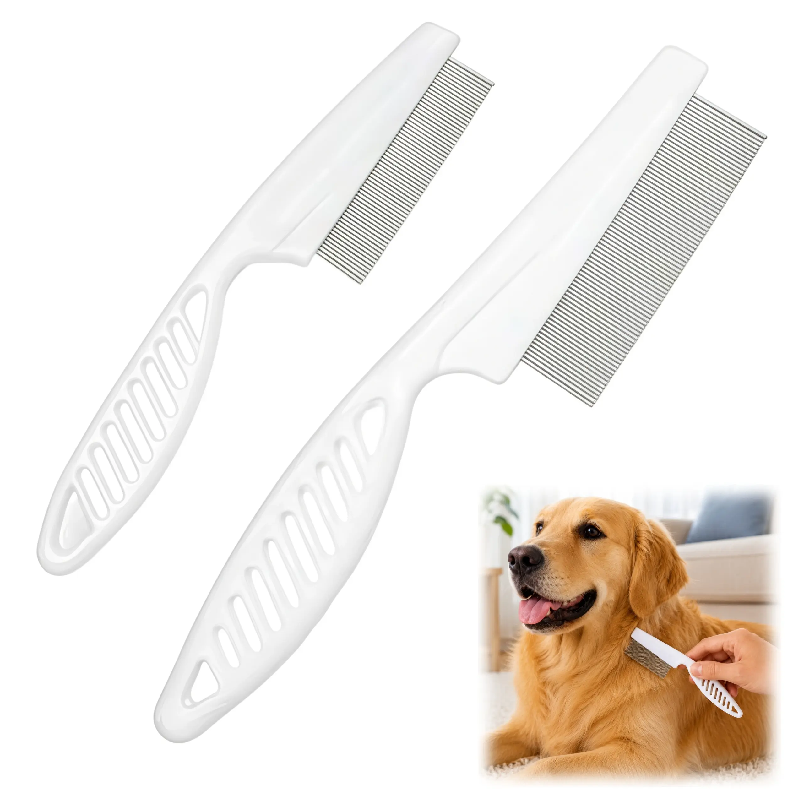 2 Pack Multifunctional Pet Comb, Upgrade Pet Grooming Brush Fine Magic Tear Stain Removal, Fine-Tooth Stainless Massage Comb Kit for Small Puppies and Dogs (White)
