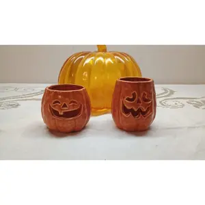 Enesco Ceramic Halloween Planters 1985 & Vintage Resin Pumpkin Tea Light