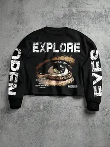 Fall outfits,Men's Short Casual Cropped Sweatshirt, Round Neck Design, Creative Text Pattern, Perfect for Fall & High-Waist Pants Pairing