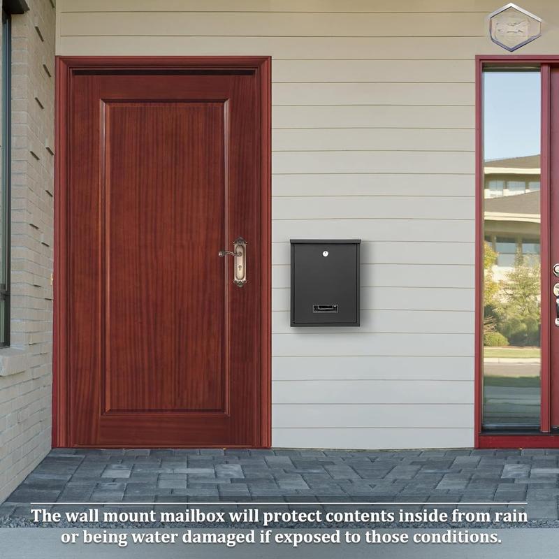 Locking Mailbox Wall Mount, Wall Mounted Mailbox with Key Lock, Large Drop Box with Galvanized Steel Cover, Rust-Proof Metal  Box, Black, 10.2 x 3.7 x 12.6