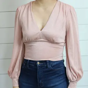 Light Pink  Metallic V-Neck Top Shirts Womenswear Blouse Lady Women Long Sleeve