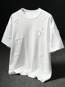 1 Piece Unisex White T-Shirt with 3D X-Print Snowflake Pattern, Embroidered Texture Detail for Streetwear and Winter-Themed Casual Wear