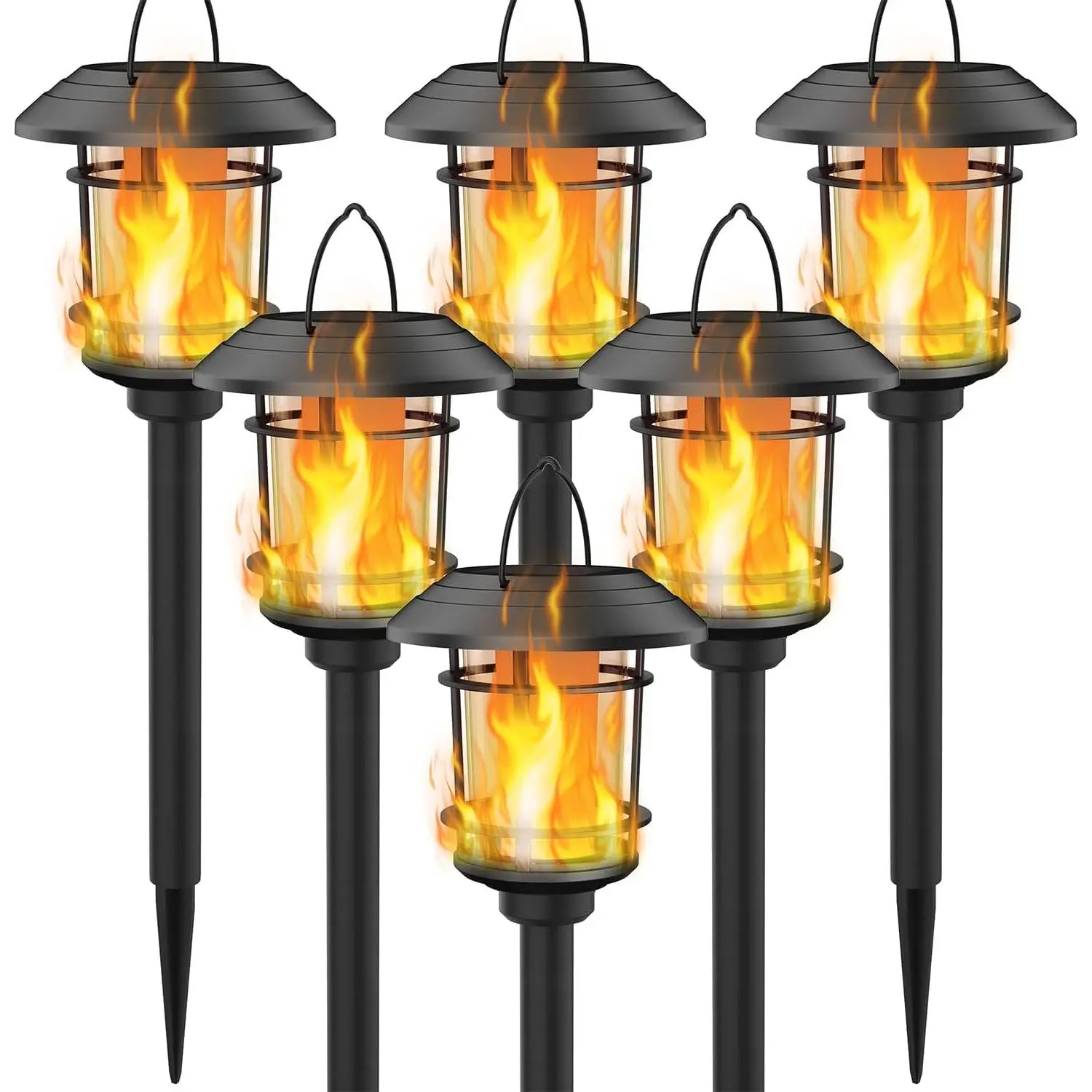 6 Pack Solar Flame  Lights Outdoor, Dual Use Flickering Flame Garden Light, Hanging Lantern Lights, Auto On/Off &  Landscape Lighting for Lawn Patio Yard Walkway Driveway