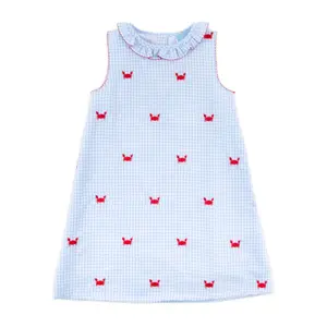 Crab Schiffli Blue Gingham Ruffle Collared Dress - Girls Embroidered Outfit