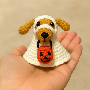 Loppy Puff - Amigurumi Ghost Dog Crochet  | Halloween Puppy With Pumpkin Basket | DIY Crochet Ghost Dog Ornament Tutorial