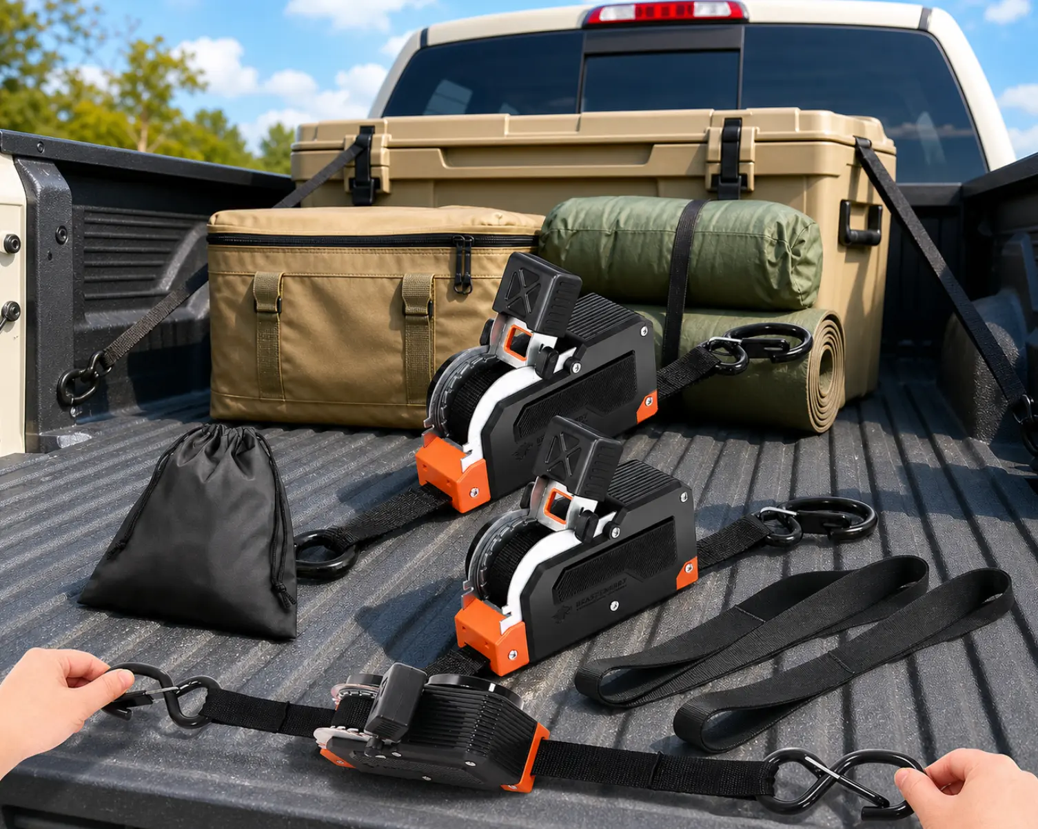 Retractable ratchet tie down straps for camping and truck cargo