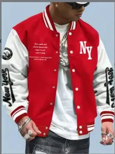 Men's Letter Print Baseball Bomber Jacket in Red with White Sleeves and NY Logo for Casual Wear - Stylish & Versatile