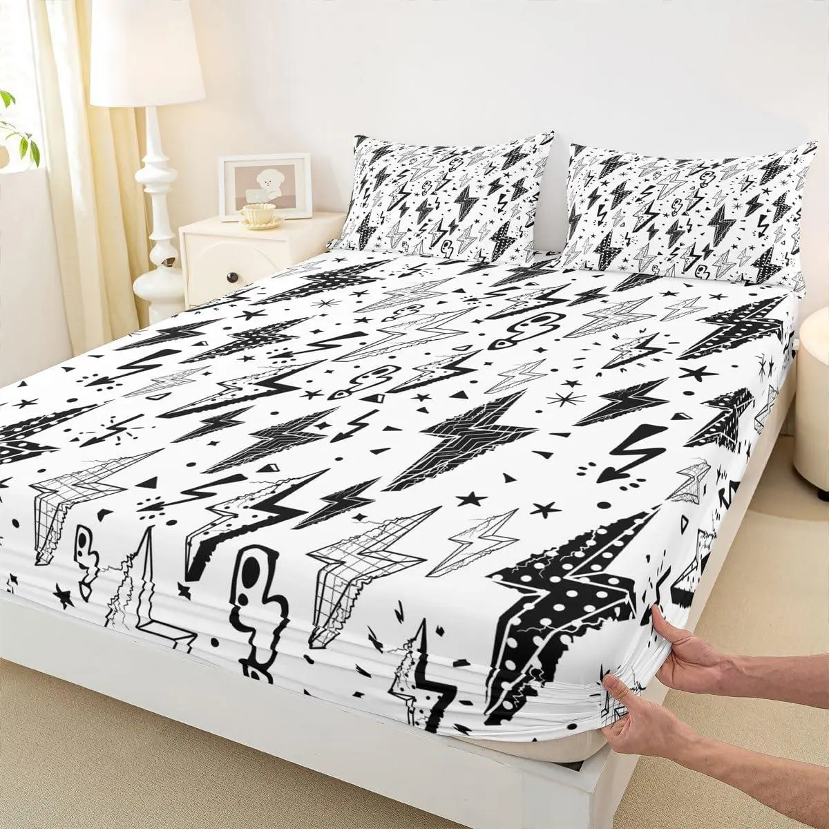 Gaming Fitted Sheet,Boys Lightning Strike Graffiti Bedding Set for Kids Teens Gamer Room Decor,Cartoon Natural Warning Bed Sheet Set,Modern Cool Bed Cover,White