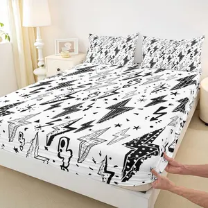 Gaming Fitted Sheet,Boys Lightning Strike Graffiti Bedding Set for Kids Teens Gamer Room Decor,Cartoon Natural Warning Bed Sheet Set,Modern Cool Bed Cover,White