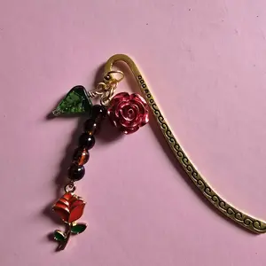 Red Rose Book Hook Bookmark Handmade with glass bead accents