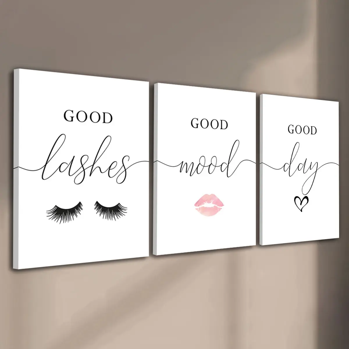3pcs/Set Wooden Framed, Good Lashes Good Mood Good Day Wall Art Canvas Poster, Fashion Art Eyelash Lipstick Art Print Painting for Beauty Salon Bedroom Home Decoration