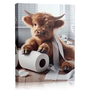 Adorable Highland Calf Bathroom Canvas Painting, Cute Baby Cow With Toilet Paper Art Print, Colorful Funny Animal Poster For Bathroom Wall Decor, Modern Aesthetic Artwork For Home Restroom, Lovely Farm Animal Picture