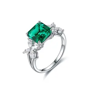 Asscher Cut Emerald Ring with Marquise CZ Accent, Sterling Silver Engagement Ring, Art Deco Green Gemstone Ring, Promise Ring Gift for Her
