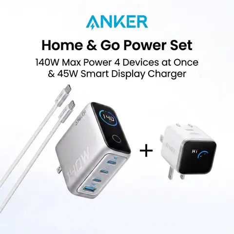 【Home & Go Power Set】Anker 140W Laptop Charger, 4-Port Multi-Device Charging,140W Max USB-C Charger, &Anker Smart Display Charger,Anker Nano 45W Fast Charging USBC Charger with Smart Recognition