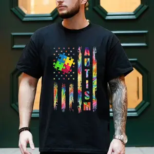 100% Cotton Autism Awareness Flag Shirts, American Flag Autism Dad Mom T-Shirt