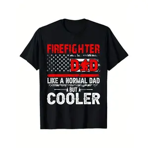 Firefighter Dad Like A Normal Dad But Cooler T-Shirt | Thin Red Line USA Flag Graphic Tee | Vintage Fireman Dad Print Shirt | Fathers Day Gift for Firefighter Dad | Mens Patriotic Streetwear Casual Top