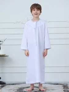 Middle Eastern Traditional Robe, Kaftan, Modest, Boys, Kids Clothing, Breathable Ice Silk Fabric, Pearl Embroidery, Loose Fit, Side Pockets, Summer Clothing