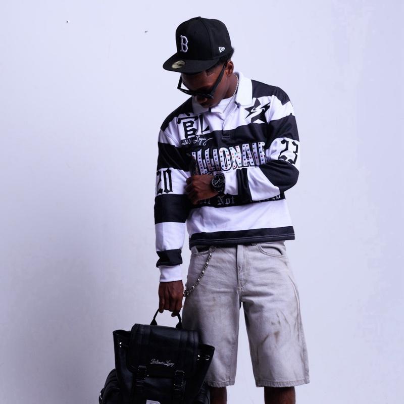 BLACK RUGBY POLO Men's Stylish Striped Design with Bold Lettering and Comfortable Fit