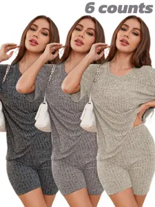 Women's Knitted Ribbed Sleepwear Pajama Set, Short Sleeve Shorts, Soft Comfortable Homewear, Casual All Seasons, 6 Piece Set