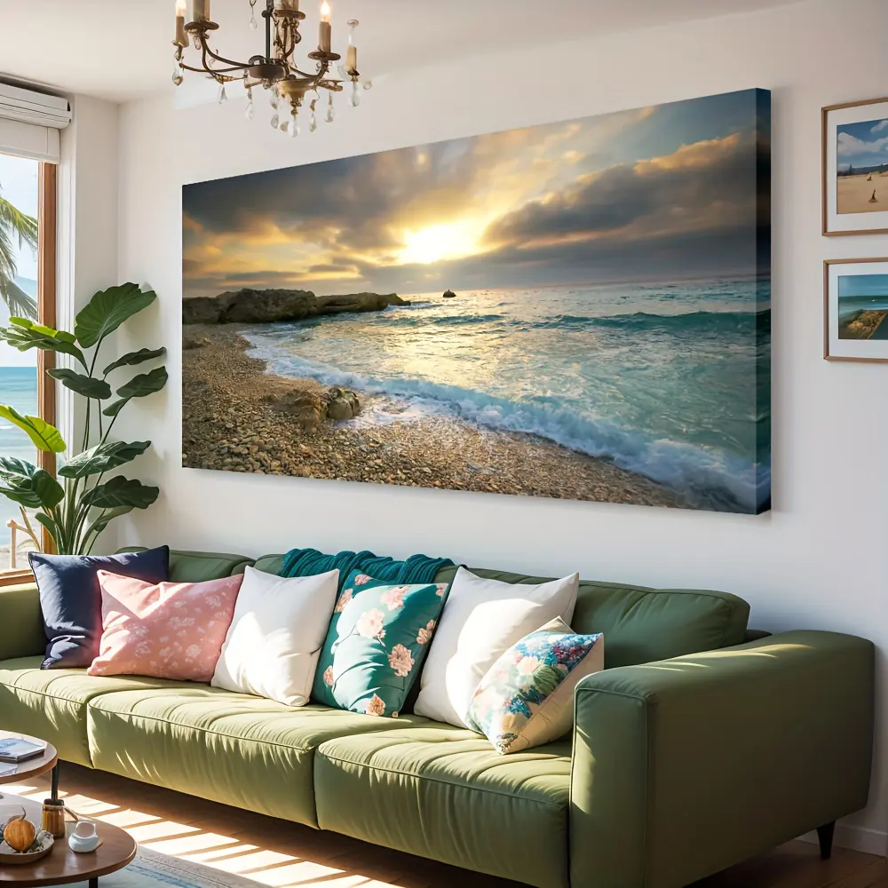 1-Piece Pine Wood Framed Ocean Waves Sunset Beach Wall Decor, High-Definition Waterproof Modern Print, Multi-Size Home Supplies for Living Room, Office Decoration, 16×32×0.6Inch（40×80×1.5Cm）