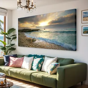 High-definition 1-piece Framed Hanging Painting Sunset Beach Blue Waves Ocean Art Large Modern Waterproof Murals for Home Living Room Dining Room Bedroom Office Decoration