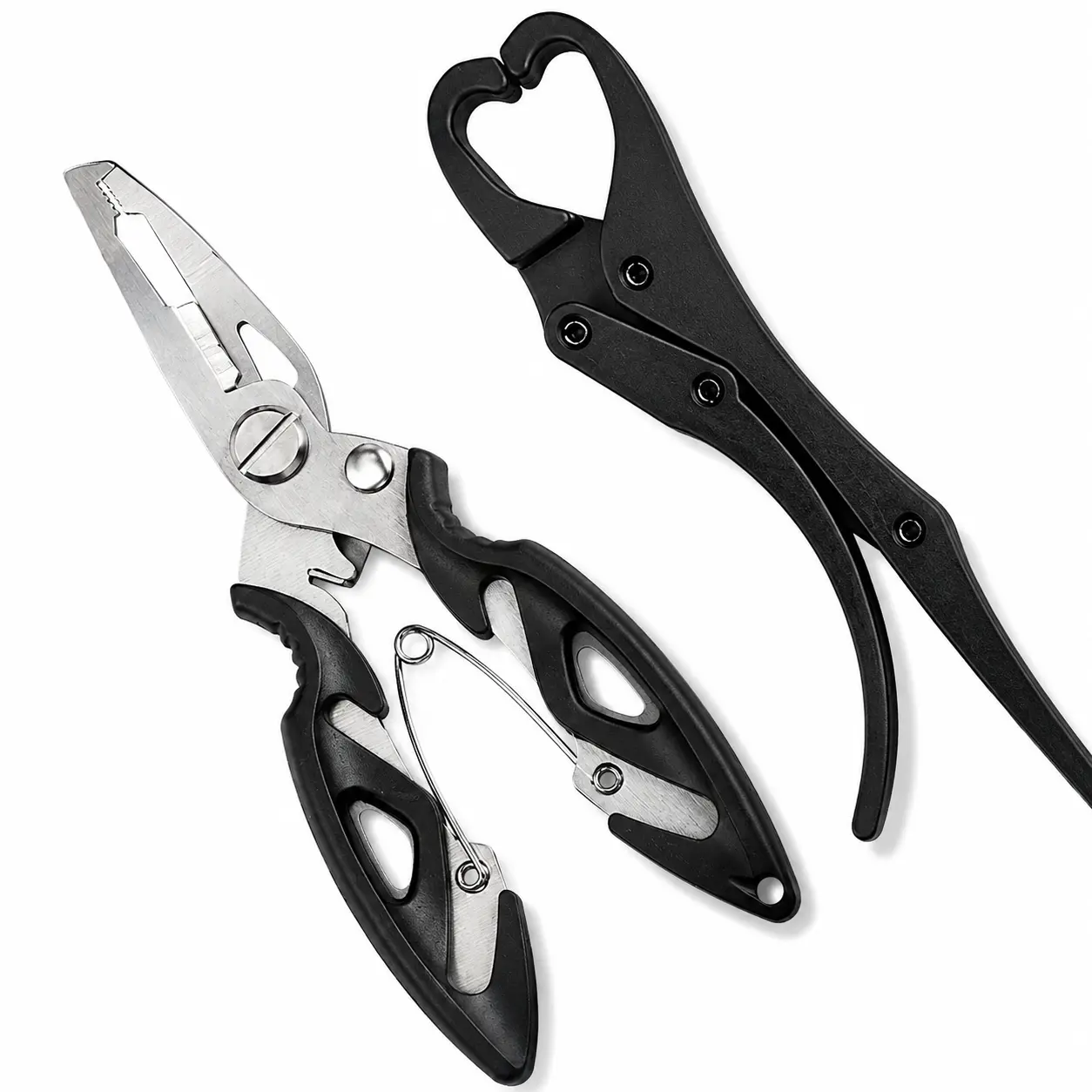 2-in-1 Fishing Pliers & Fish Lip Gripper Kit, Stainless Hook Remover, Braid Line Cutter, Portable Fishing Tool for Bass, Trout & Saltwater Fishing