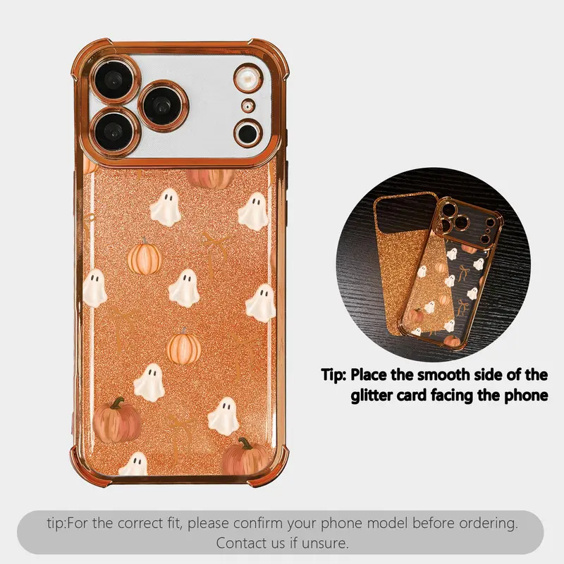 Cute Bow Pumpkin Ghost Halloween Glitter Card Phone Case for iPhone 18 17 Pro Max Air 16 Plus 15 14 13 12 11 XS Galaxy S26 S25 Edge S24 FE S23 S22 Glossy Electroplated 4 Corner Airbag Shockproof TPU Cover with Optional Clover Wrist Strap NN211,