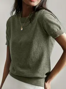 Women's Solid Color Round Neck Short Sleeve Sweater, Knitted Top, Spring & Fall Casual Basic Fit Pullover, Fashion Daily Thin Knitwear