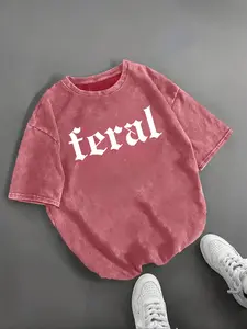 Women's Vintage Washed Cotton T-Shirt Tee 'feral' Gothic Letter Print Loose Casual Short Sleeve Top, Summer Fashion, Fitted Style