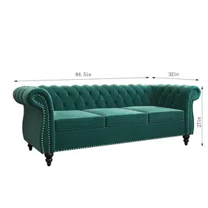 Giratree Furniture 84" Velvet 3-Seater Sofa | Tufted Back + Nailhead Trim + Rolled Arms | Chesterfield Couch for Living Room, Bedroom, Apartment & Lounge