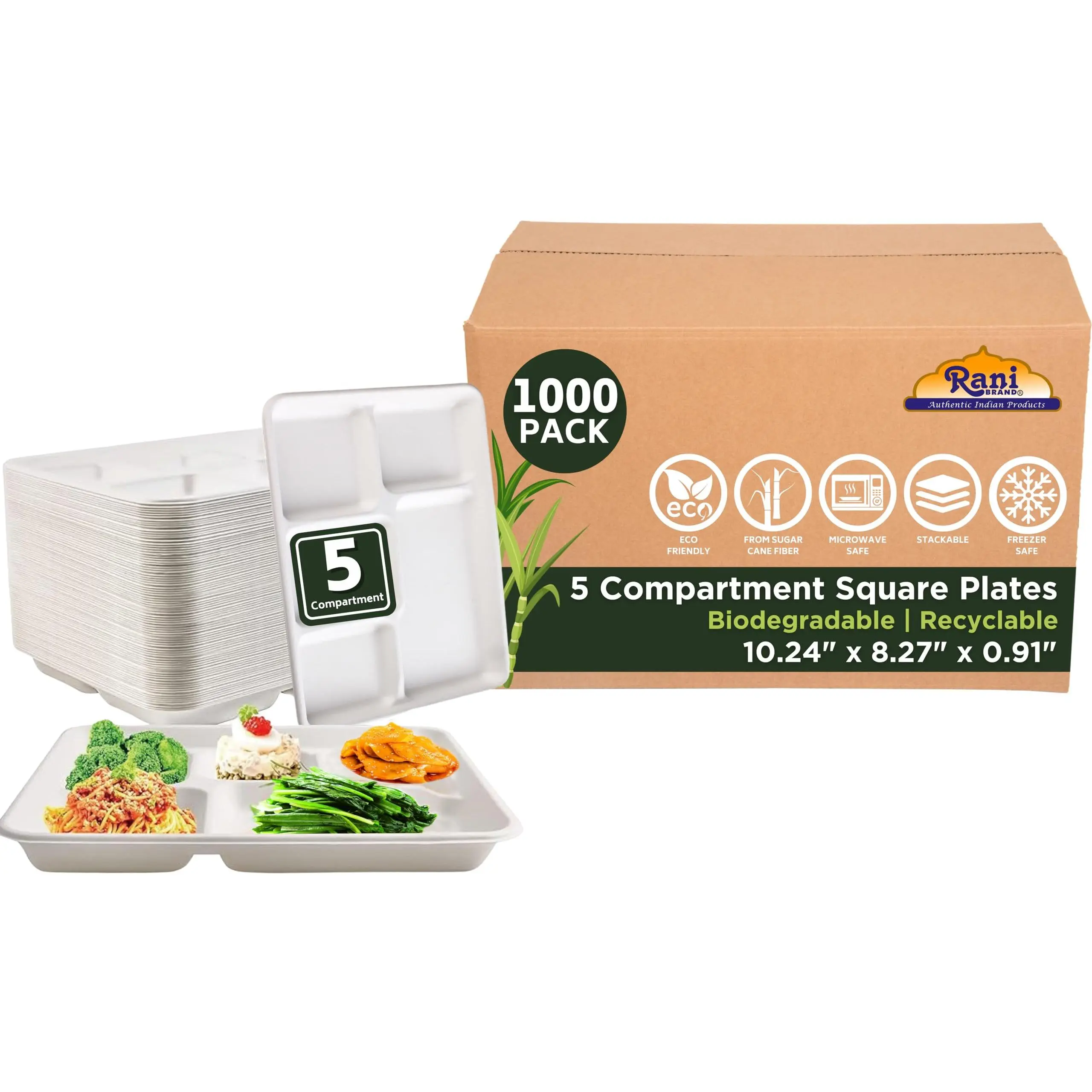 Rani 5 Compartment Square Biodegradable Divided Plates, Pack of 1000 ~ Party, Thali, Buffet | Disposable & Eco-Friendly | Heavy-Duty Sturdy Paper Bagasse | Premium Quality | 10.24" x 8.27" x 0.91"