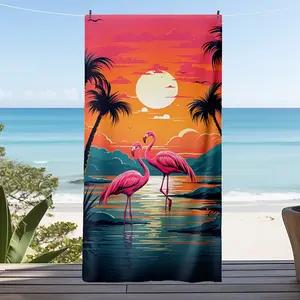 [Beach Towel] 1pc Tropical Flamingo Microfiber Beach Towel - Extra Large, Lightweight & Quick-Dry, Vibrant Sunset Design with Palm Trees & Ocean View, Perfect for Summer Pool or Resort Days, Beach Accessorie