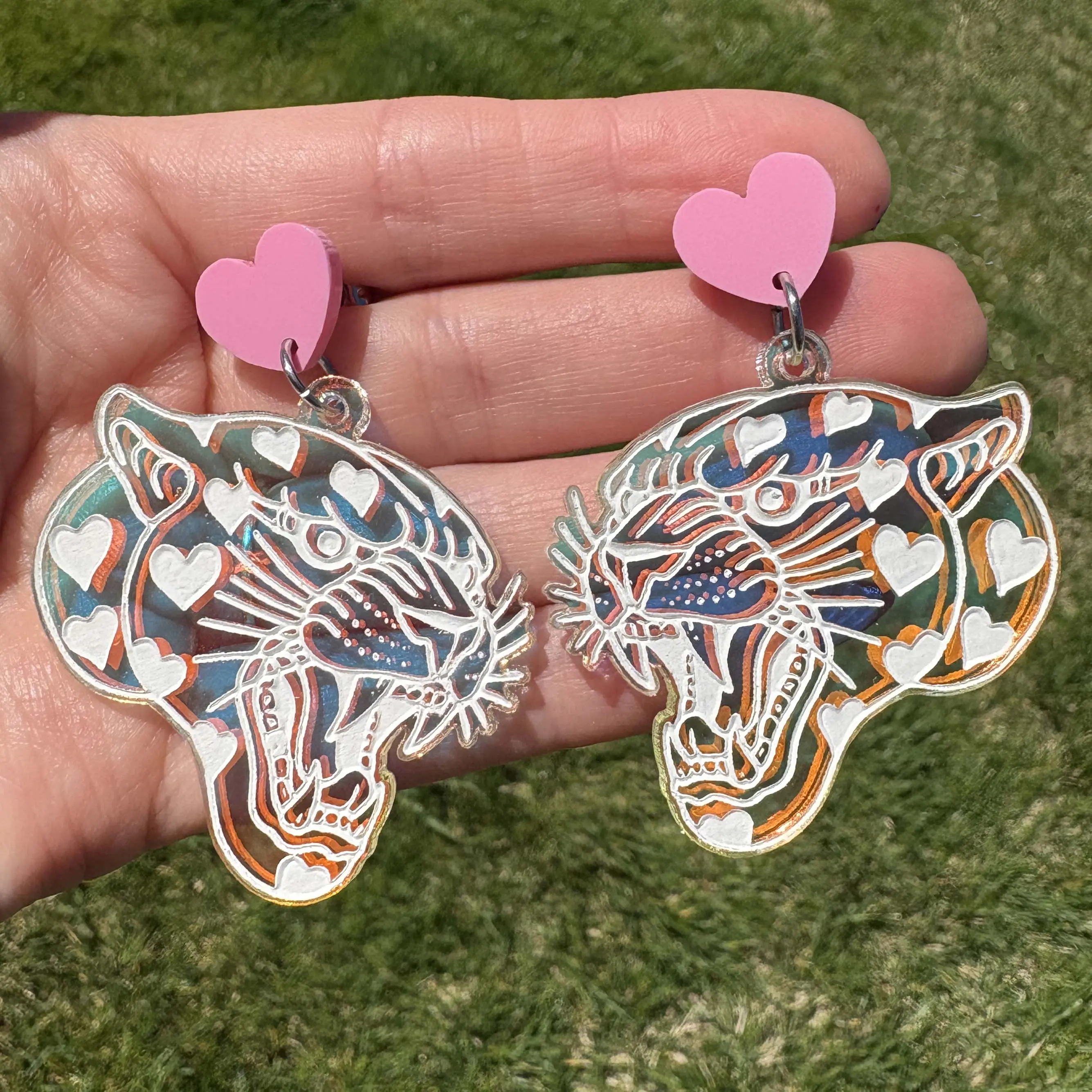 Iridescent Heart Panther Heads - Acrylic Earrings