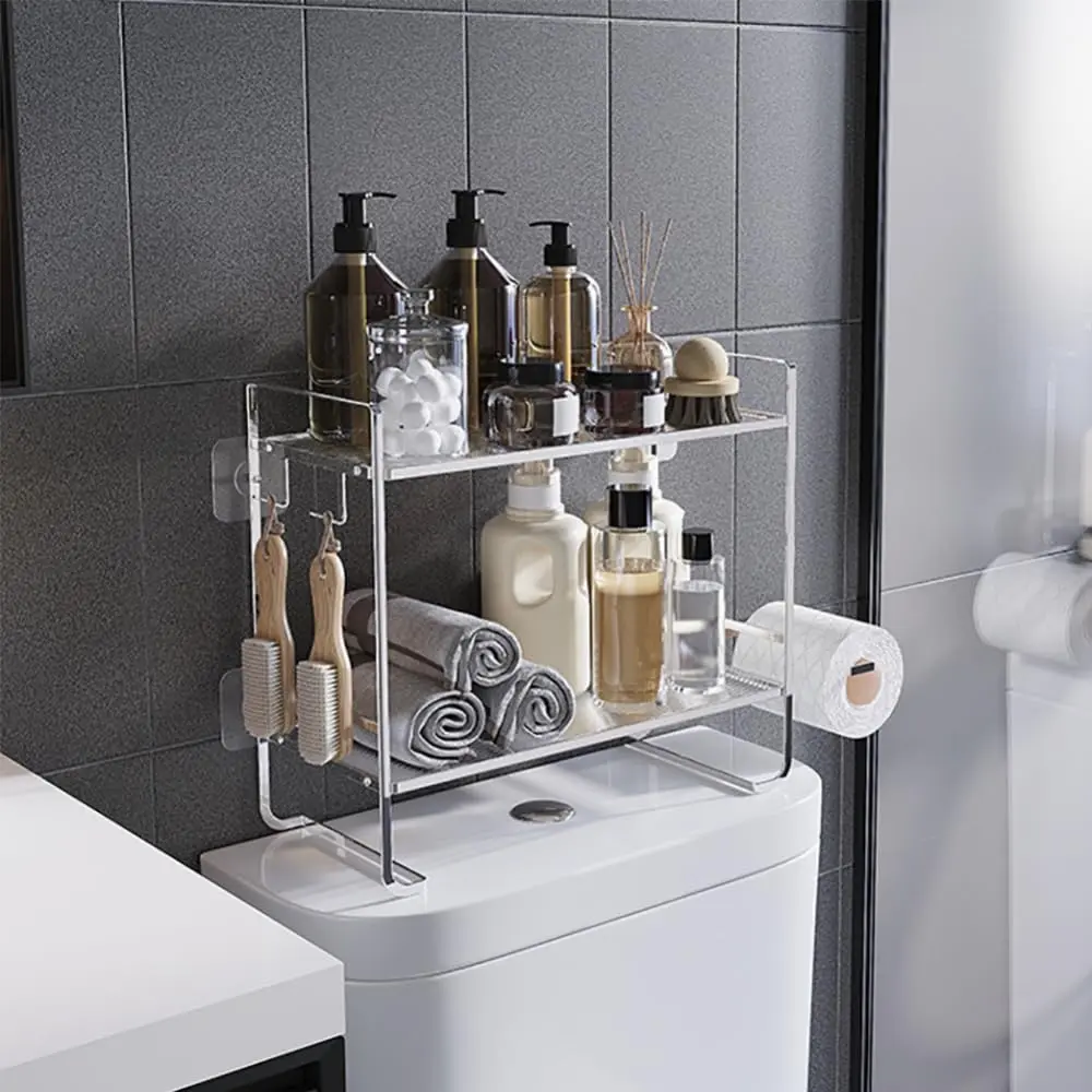 GARVEE Toilet Storage Shelf, 2-Tier Bathroom Storage Organizer with 2 Hooks, Paper Holder, Multipurpose Toilet Tank Organizer Shelf for Space Saving