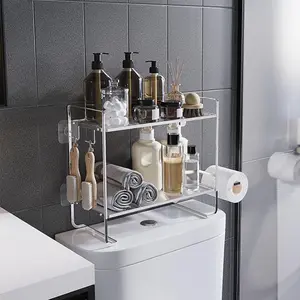 GARVEE Toilet Storage Shelf, 2-Tier Bathroom Storage Organizer with 2 Hooks, Paper Holder, Multipurpose Toilet Tank Organizer Shelf for Space Saving