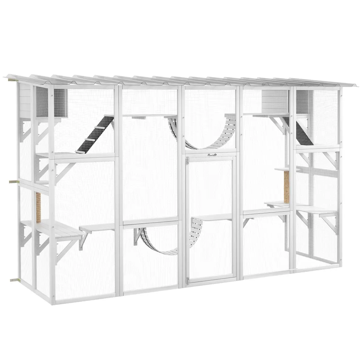212 Main D32-018V00WT PawHut Wooden Cat Window Box Enclosure - Outdoor Catio Play Area, Weatherproof Roof, Sheltered Space, Kitten Playpen with Shelves & Bridges