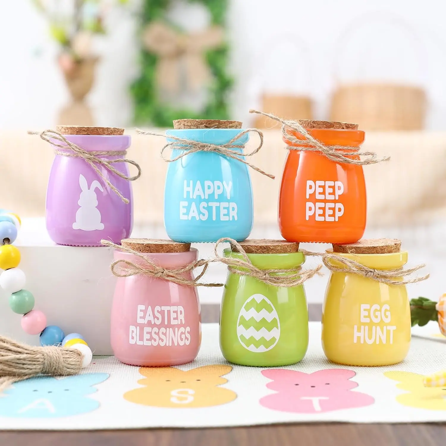 Easter Decorations 6PCS Mini Jars - Farmhouse Spring Colorful Easter Decor for Home Kitchen Table Fireplace Mantel Coffee Bar Organiser - Bottles
