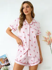 Women's Cherry Print Milk Silk Sleepwear Set, Short Sleeve Shorts Pajamas, Comfortable Homeewear for Ladies