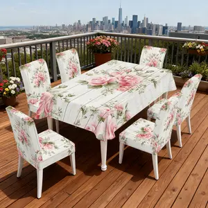 4/5/6/7pcs Blush Roses on Wood Chair Cover And Tablecloth Set, Easy Setup & Install, Fits Home Decor, Living Room, Restaurant, Picnics, Indoor Use, Stylish Decor, Parties & Gift