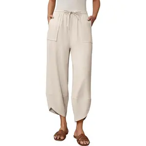Women's Harem Cotton Linen Pants Wide Leg Barrel Baggy Sweatpants Palazzo Elastic Waist Trousers with Pockets Beach