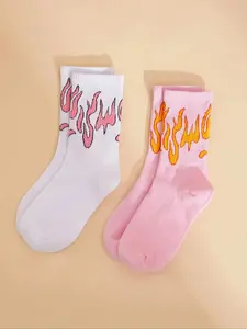 2 Pairs Fire Print Crew Socks, Fashion Casual Comfy Socks for Daily Outdoor Wear, Women's Socks for All Seasons, Socks for Women, Womenswear, Casual Stylish Socks, Soft Comfy Socks, Sock Set