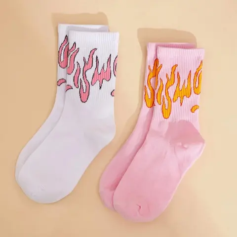 2 Pairs Fire Print Crew Socks, Fashion Casual Comfy Knitted Socks for Daily Outdoor Wear, Women's Socks for All Seasons, Socks for Women, Womenswear, Casual Stylish Socks, Soft Comfy Socks, Sock Set
