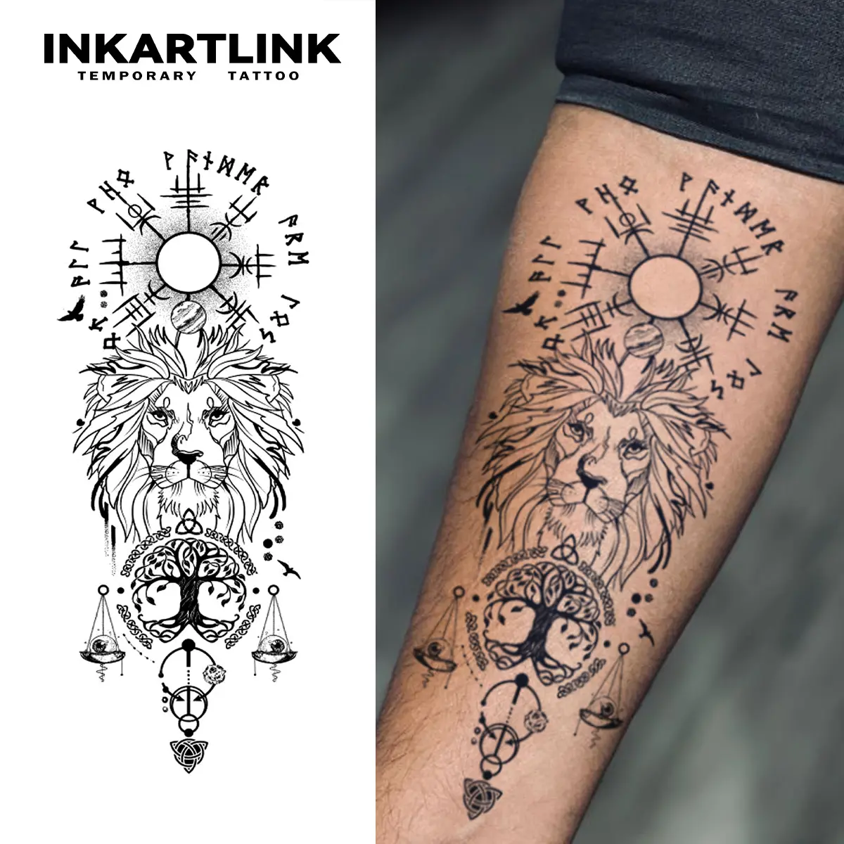 INKARTLINK Semi-Permanent Sticker Tattoos, Long Lasting & Waterproof, 2 Sheets of Realistic Lion Tattoo Art for Men & Women, For All Skin Types, Realistic Temporary Tattoos, Single Item